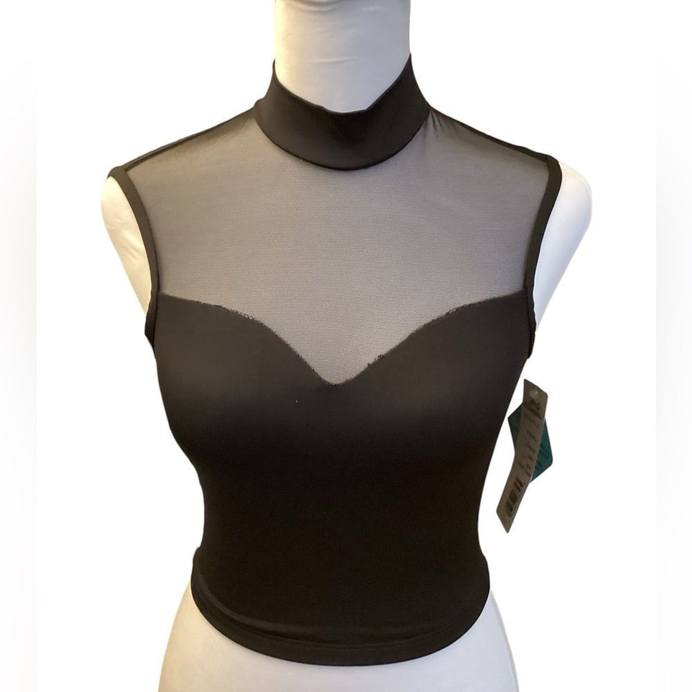 👜Body Wrappers Elegant Blk Mesh Mock Neck Crop Top Sleeveless Dance Wear S